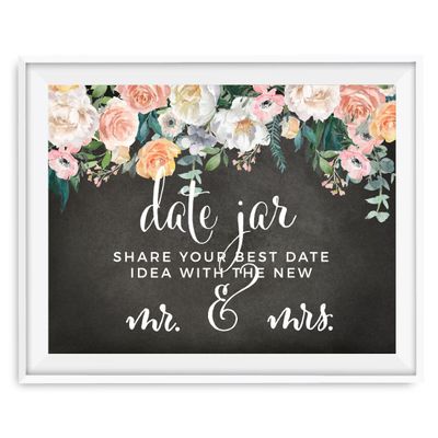 Andaz Press Peach Chalkboard Floral Garden Party Wedding Collection, Party Signs, Date Jar Share Your Best Date Idea With the New Mr. & Mrs. Sign, 8.5x11-inch, 1-Pack