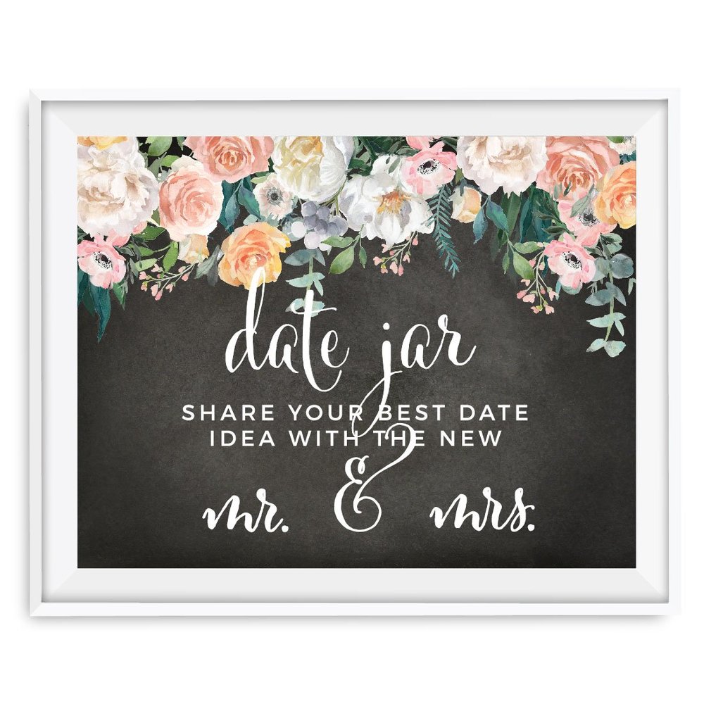 Andaz Press Peach Chalkboard Floral Garden Party Wedding Collection, Party Signs, Date Jar Share Your Best Date Idea With the New Mr. & Mrs. Sign, 8.5x11-inch, 1-Pack
