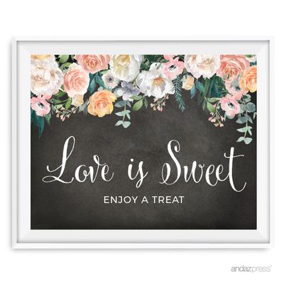 Andaz Press Peach Chalkboard Floral Garden Party Wedding Collection, Party Signs, Love is Sweet, Enjoy a Treat Dessert Table Sign, 8.5x11-inch, 1-Pack