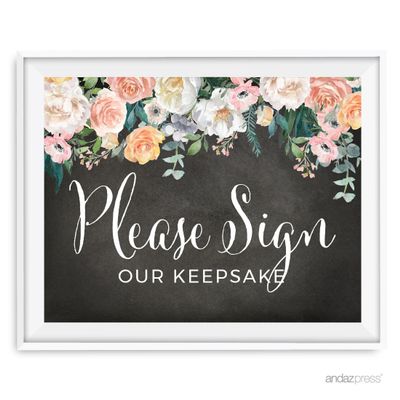 Andaz Press Peach Chalkboard Floral Garden Party Wedding Collection, Party Signs, Please Sign our Keepsake Table Sign, 8.5x11-inch, 1-Pack