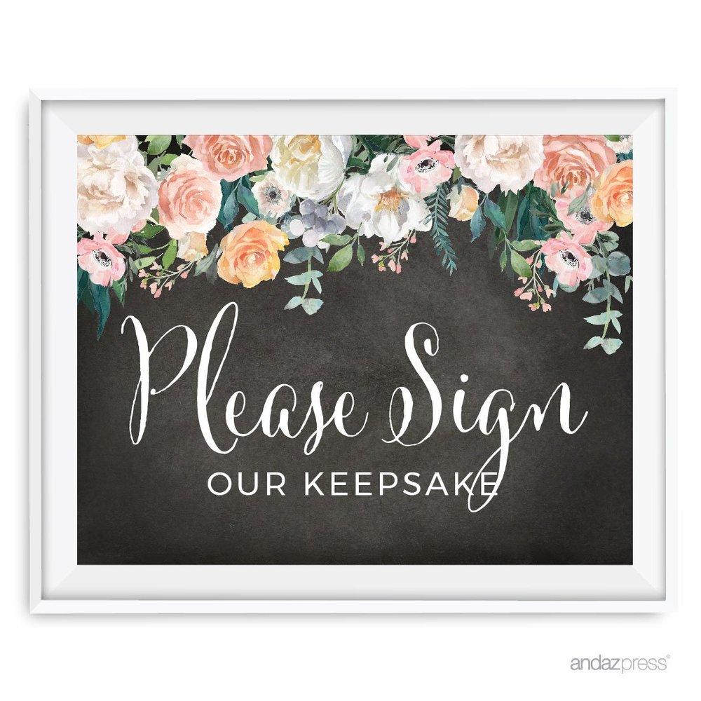 Andaz Press Peach Chalkboard Floral Garden Party Wedding Collection, Party Signs, Please Sign our Keepsake Table Sign, 8.5x11-inch, 1-Pack