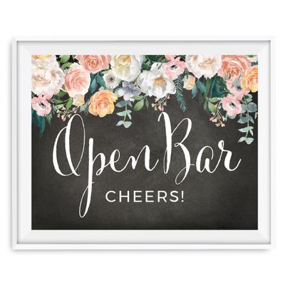 Andaz Press Peach Chalkboard Floral Garden Party Wedding Collection, Party Signs, Open Bar Cheers!, 8.5x11-inch, 1-Pack