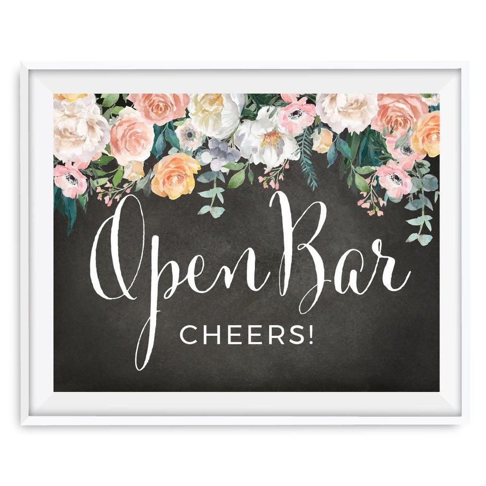 Andaz Press Peach Chalkboard Floral Garden Party Wedding Collection, Party Signs, Open Bar Cheers!, 8.5x11-inch, 1-Pack