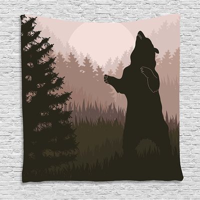 Ambesonne Nature Tapestry, Silhouette of Wild Bear in the Jungle Woodland at Dark Night Illustration, Wall Hanging for Bedroom Living Room Dorm Decor, 60" X 80", Army Green Pale Peach