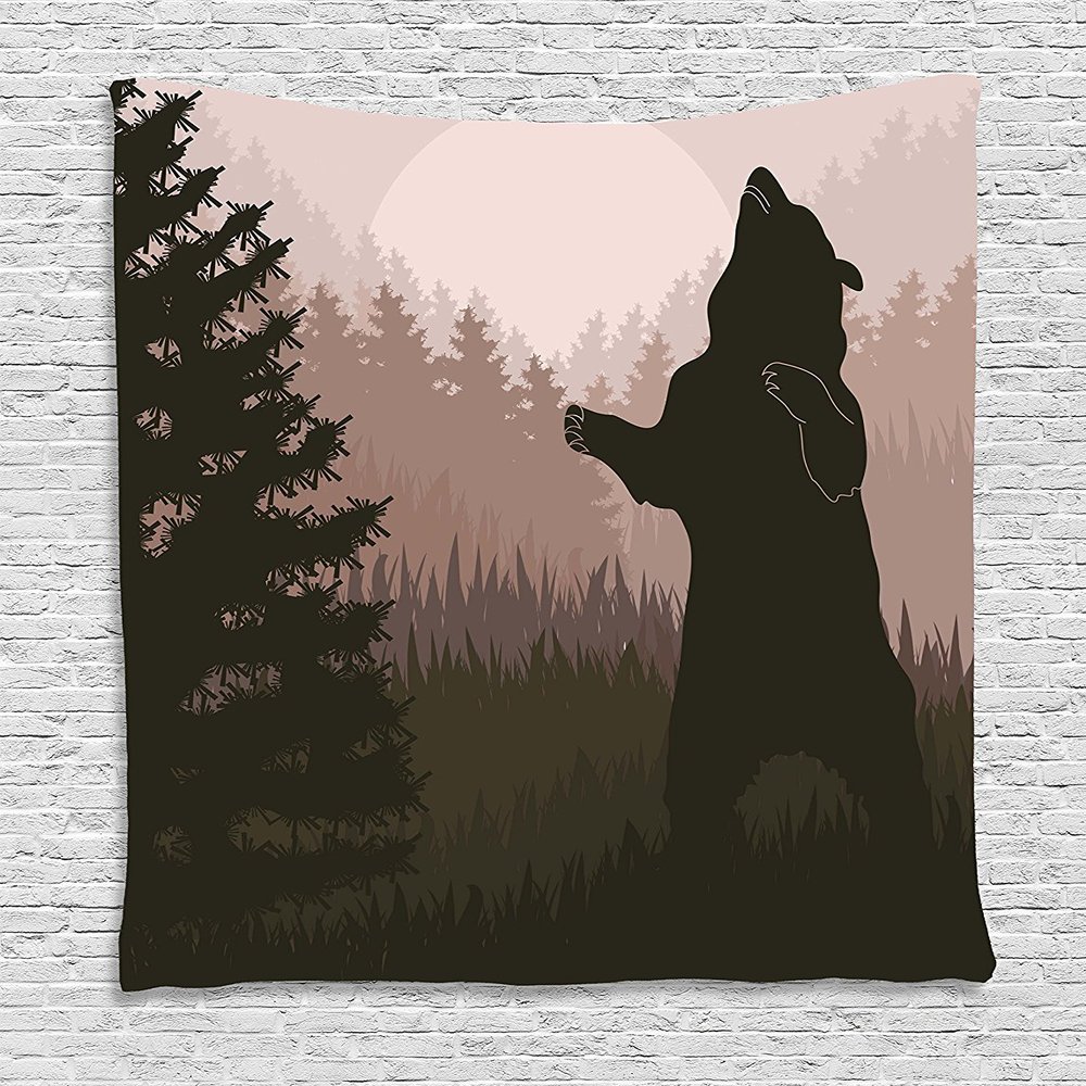 Ambesonne Nature Tapestry, Silhouette of Wild Bear in the Jungle Woodland at Dark Night Illustration, Wall Hanging for Bedroom Living Room Dorm Decor, 60" X 80", Army Green Pale Peach