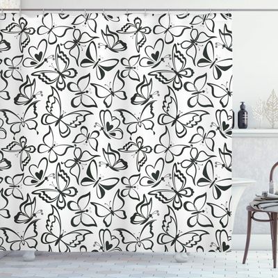 Ambesonne Animal Shower Curtain, Butterfly Pattern Freedom Sign Feminine Illustration, Cloth Fabric Bathroom Decor Set with Hooks, 69" W x 70" L, White and Black