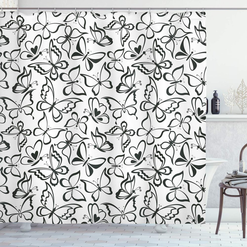 Ambesonne Animal Shower Curtain, Butterfly Pattern Freedom Sign Feminine Illustration, Cloth Fabric Bathroom Decor Set with Hooks, 69" W x 70" L, White and Black