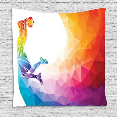 Ambesonne Basketball Tapestry, Rainbow Colored Vivid Theme a Player Sports Man Jumps Scoring Print, Wall Hanging for Bedroom Living Room Dorm Decor, 60" X 80", White Orange