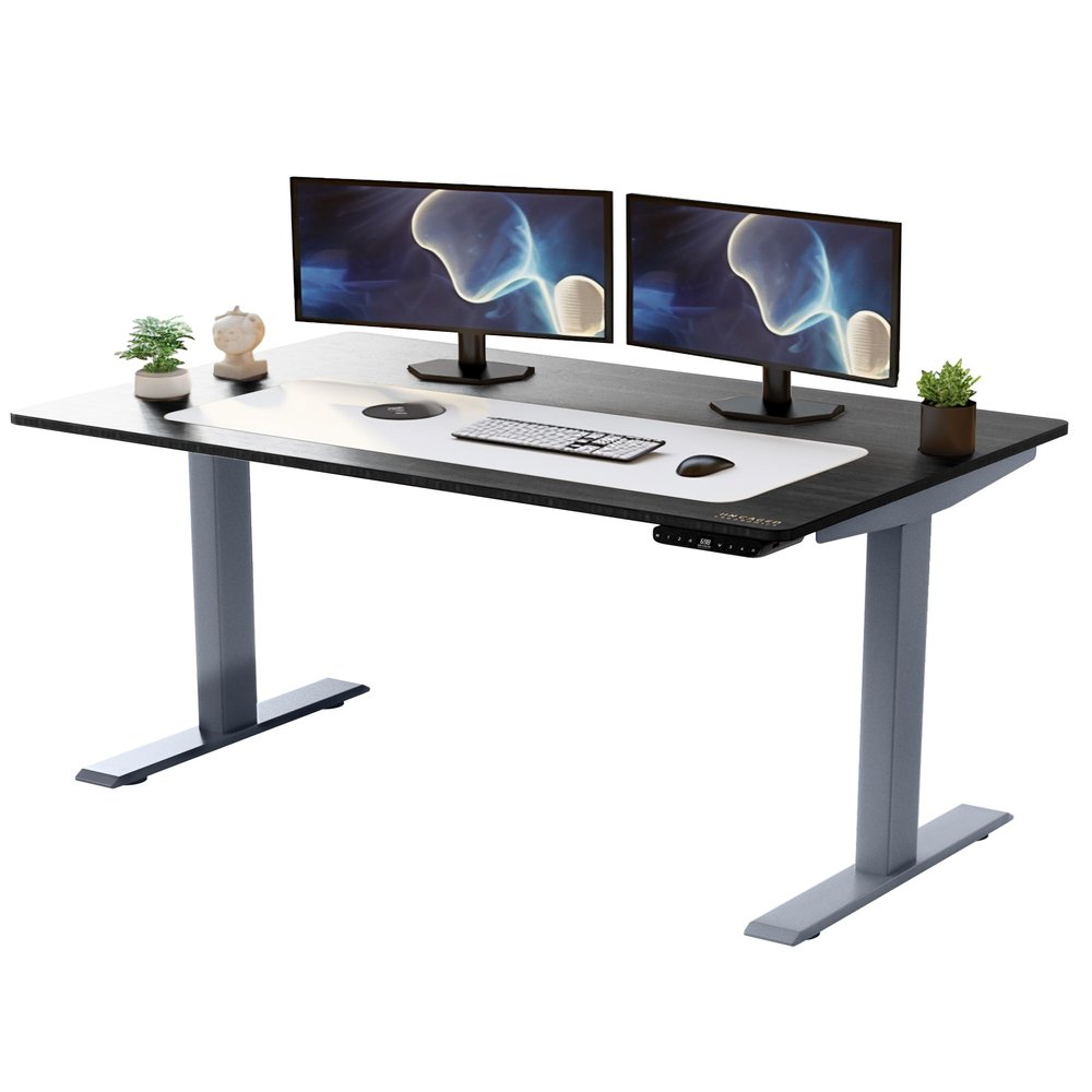 RISE UP dual motor electric standing desk 60x30" black bamboo desktop premium ergonomic adjustable height sit stand up home office computer desk table motorized powered modern furniture small standup