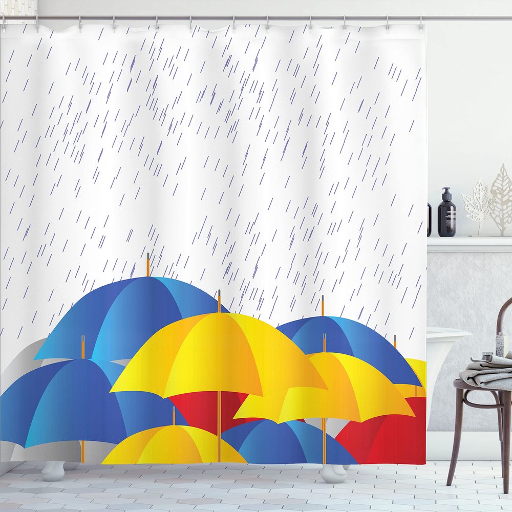 Ambesonne Modern Shower Curtain, Cartoon Image with Raindrops Colorful Umbrellas Animation Like Art Print, Cloth Fabric Bathroom Decor Set with Hooks, 69" W x 70" L, White Blue Red
