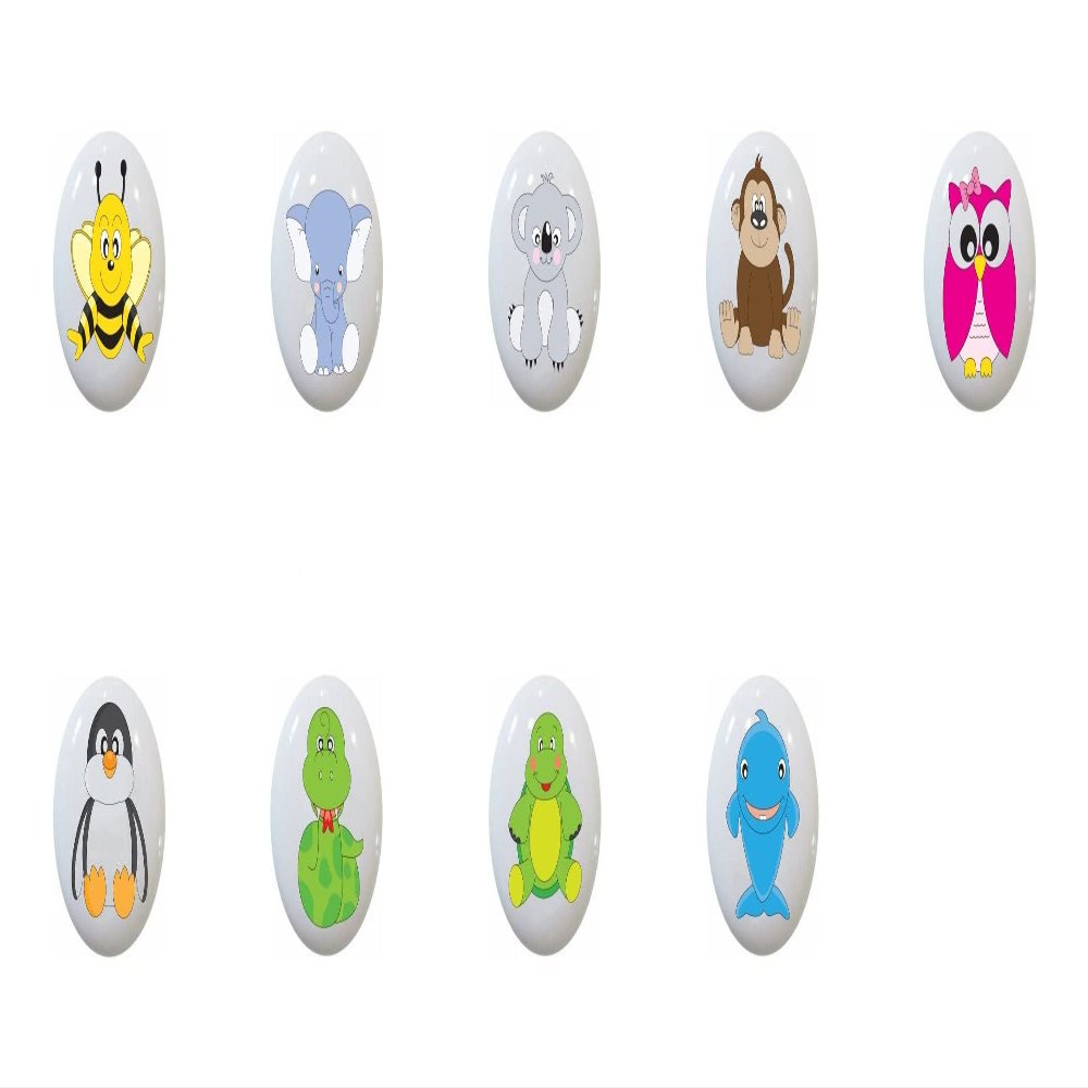 SET OF 9 KNOBS - Animal Babies - DECORATIVE Glossy CERAMIC Cupboard Cabinet PULLS Dresser Drawer KNOBS