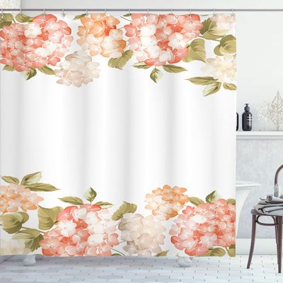 Ambesonne Floral Shower Curtain, Spring Hydrangea Bouquets Wedding Love Valentines Bridal Blossoms Design, Cloth Fabric Bathroom Decor Set with Hooks, 69" W x 70" L, Cream Salmon Khaki