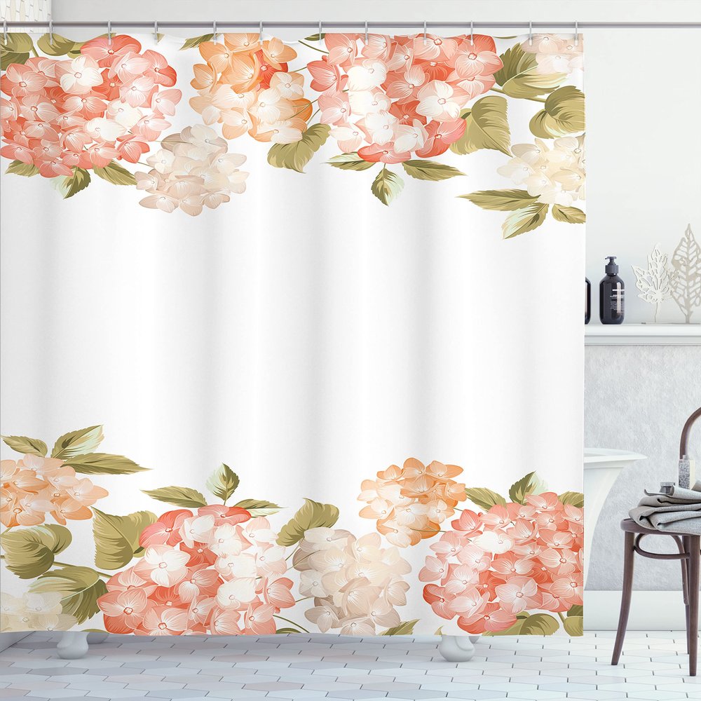 Ambesonne Floral Shower Curtain, Spring Hydrangea Bouquets Wedding Love Valentines Bridal Blossoms Design, Cloth Fabric Bathroom Decor Set with Hooks, 69" W x 70" L, Cream Salmon Khaki
