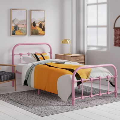 Rack Furniture Melissa Twin Size Bed Frame, Steel Rounded Vintage Design Bed for Kids with Molded Castings for Children's Bedroom, No Box Spring Required (Pink)