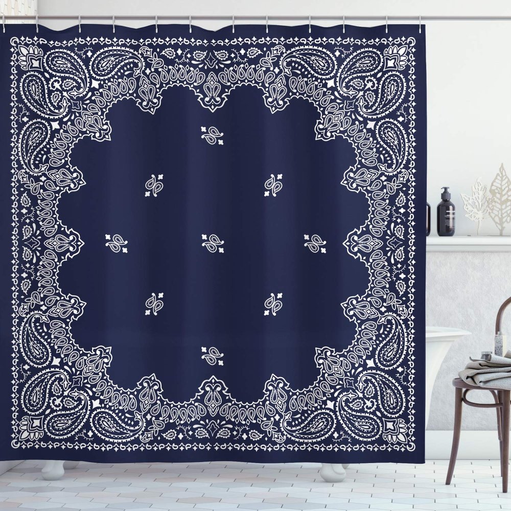 Ambesonne Paisley Shower Curtain, Pattern with Teardrops Illustration Exotic Droplets Ornate Intricate Print, Cloth Fabric Bathroom Decor Set with Hooks, 69" W x 84" L, Dark Blue and White
