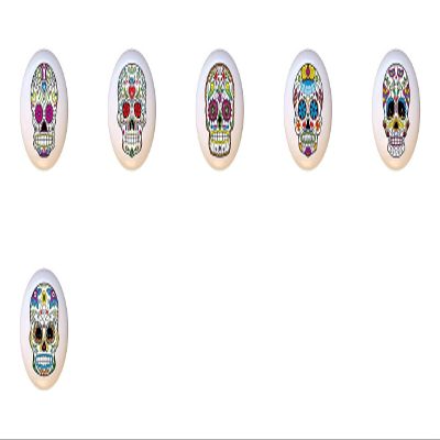 SET OF 6 KNOBS - Skull Set #51296 - Happy Sugar Skulls Skeletons - DECORATIVE Glossy CERAMIC Cupboard Cabinet PULLS Dresser Drawer KNOBS