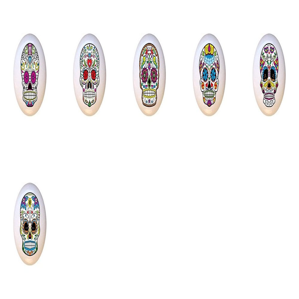 SET OF 6 KNOBS - Skull Set #51296 - Happy Sugar Skulls Skeletons - DECORATIVE Glossy CERAMIC Cupboard Cabinet PULLS Dresser Drawer KNOBS