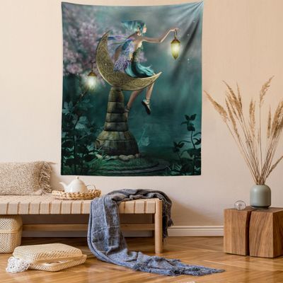 Ambesonne Fantasy Tapestry, Little Pixie Elf Forest Woodland Sitting Moon Stone Myth Illustration Art, Wall Hanging for Bedroom Living Room Dorm Decor, 40" X 60", Yellow Teal Lilac
