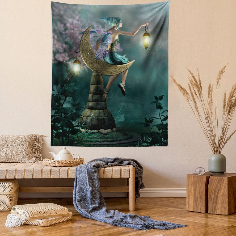 Ambesonne Fantasy Tapestry, Little Pixie Elf Forest Woodland Sitting Moon Stone Myth Illustration Art, Wall Hanging for Bedroom Living Room Dorm Decor, 40" X 60", Yellow Teal Lilac