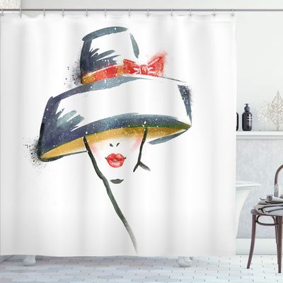 Ambesonne Modern Shower Curtain, Contemporary Fashion Woman Vintage Hat Romantic Print, Cloth Fabric Bathroom Decor Set with Hooks, 69" W x 84" L, Blue Grey Red Yellow