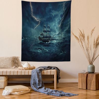 Ambesonne Landscape Tapestry, Stormy and Rainy Weather Waves Vintage Ship Sailing Oil Paint, Wall Hanging for Bedroom Living Room Dorm Decor, 60" X 80", Dark Cadet Blue White
