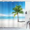 Ambesonne Landscape Shower Curtain, Caribbean Maldives Beach Island Sea Ocean Palm Trees Art Print, Cloth Fabric Bathroom Decor Set with Hooks, 69" W x 75" L, Sky Blue Green and White view 1