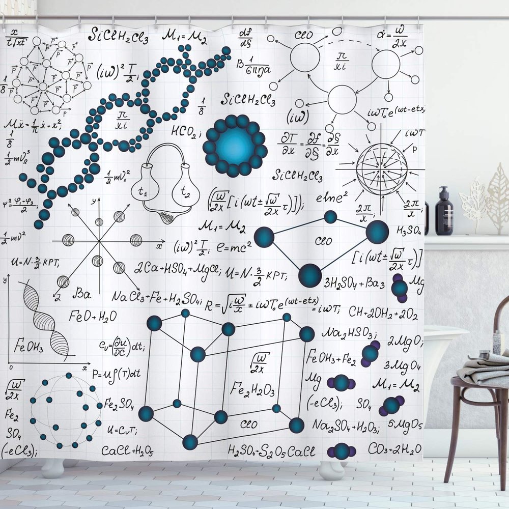 Ambesonne Abstract Shower Curtain, Science Physics DNA Molecule Formulas Atomic Chemical Analyses Display, Cloth Fabric Bathroom Decor Set with Hooks, 69" W x 75" L, Petrol Blue