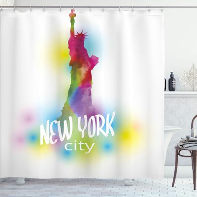Ambesonne American Shower Curtain, Liberty in Colorful Abstract with New York City Typography USA Art, Cloth Fabric Bathroom Decor Set with Hooks, 69" W x 75" L, Multicolor