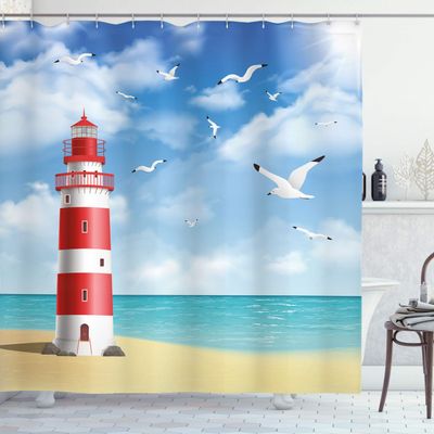 Ambesonne Beach Shower Curtain, Realistic Illustration Lighthouse on Calm Seashore Flying Seagulls Ocean Scenery, Cloth Fabric Bathroom Decor Set with Hooks, 69" W x 75" L, Vermilion Blue