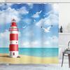 Ambesonne Beach Shower Curtain, Realistic Illustration Lighthouse on Calm Seashore Flying Seagulls Ocean Scenery, Cloth Fabric Bathroom Decor Set with Hooks, 69" W x 75" L, Vermilion Blue view 1