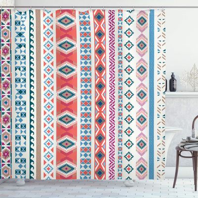 Ambesonne Tribal Shower Curtain, Geometric Motifs Pattern Vertical Striped Background Design, Cloth Fabric Bathroom Decor Set with Hooks, 69" W x 84" L, Multicolor Coral Off White