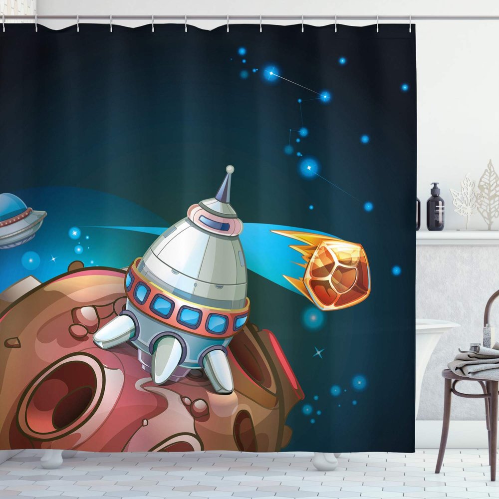 Ambesonne Cartoon Shower Curtain, Spacecraft Planets Outer Space Theme Rocket Stars Galaxy Cosmic Illustration, Cloth Fabric Bathroom Decor Set with Hooks, 69" W x 84" L, Multicolor Dark Teal