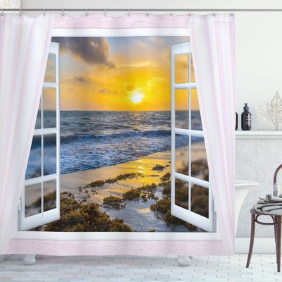 Ambesonne Coastal Shower Curtain, Open Window View of The Sky Clouds Rising Sun Seascape Grass Morning Scenery, Cloth Fabric Bathroom Decor Set with Hooks, 69" W x 70" L, Multicolor