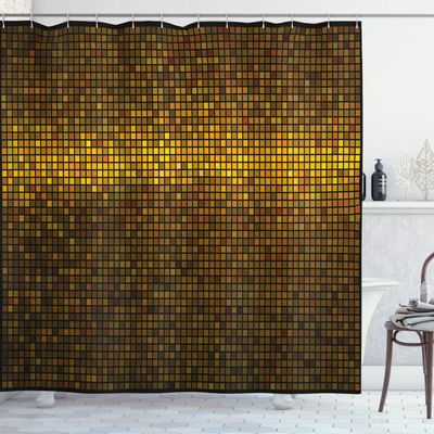 Ambesonne Abstract Shower Curtain, Disco Theme Pattern Squares Digital Effect Pixel Mosaic Geometric Arrangement, Cloth Fabric Bathroom Decor Set with Hooks, 69" W x 70" L, Multicolor Mustard Apricot