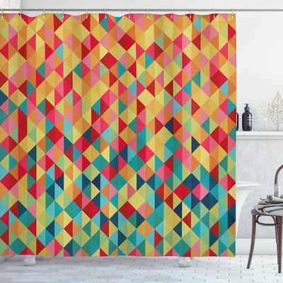 Ambesonne Abstract Shower Curtain, Triangle Formed Fractal Geometric with Aztec Culture Effects Western Print, Cloth Fabric Bathroom Decor Set with Hooks, 69" W x 84" L, Multicolor Ruby Pastel Yellow
