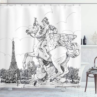 Ambesonne Antique Shower Curtain, European Cityscape France Historical Rearing Horse Eiffel Tower Print, Cloth Fabric Bathroom Decor Set with Hooks, 69" W x 84" L, White Black
