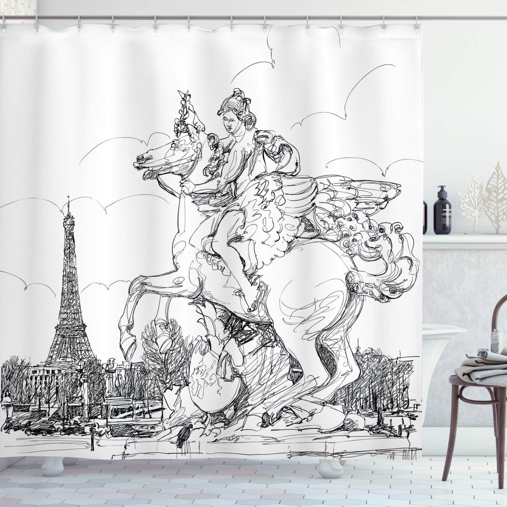 Ambesonne Antique Shower Curtain, European Cityscape France Historical Rearing Horse Eiffel Tower Print, Cloth Fabric Bathroom Decor Set with Hooks, 69" W x 84" L, White Black