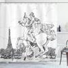 Ambesonne Antique Shower Curtain, European Cityscape France Historical Rearing Horse Eiffel Tower Print, Cloth Fabric Bathroom Decor Set with Hooks, 69" W x 84" L, White Black view 1