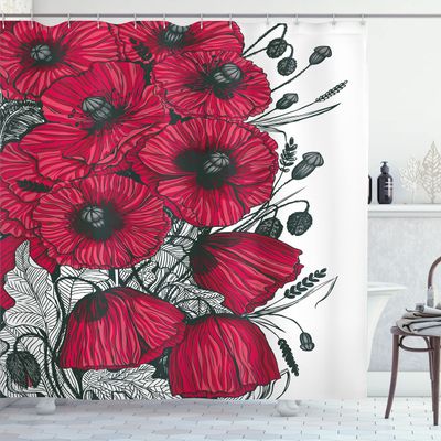 Ambesonne Floral Shower Curtain, Large Poppy Flower Florets Romantic Rural Bouquet Botany Art Design, Cloth Fabric Bathroom Decor Set with Hooks, 69" W x 70" L, Dark Green Vermilion