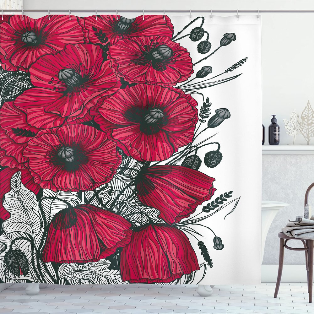 Ambesonne Floral Shower Curtain, Large Poppy Flower Florets Romantic Rural Bouquet Botany Art Design, Cloth Fabric Bathroom Decor Set with Hooks, 69" W x 70" L, Dark Green Vermilion