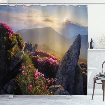 Ambesonne Mountain Shower Curtain, Sunrise in Valley Meadow with Rhododendrons Wildlife Idyllic Rural Scenery, Cloth Fabric Bathroom Decor Set with Hooks, 69" W x 70" L, Yellow Green Pink
