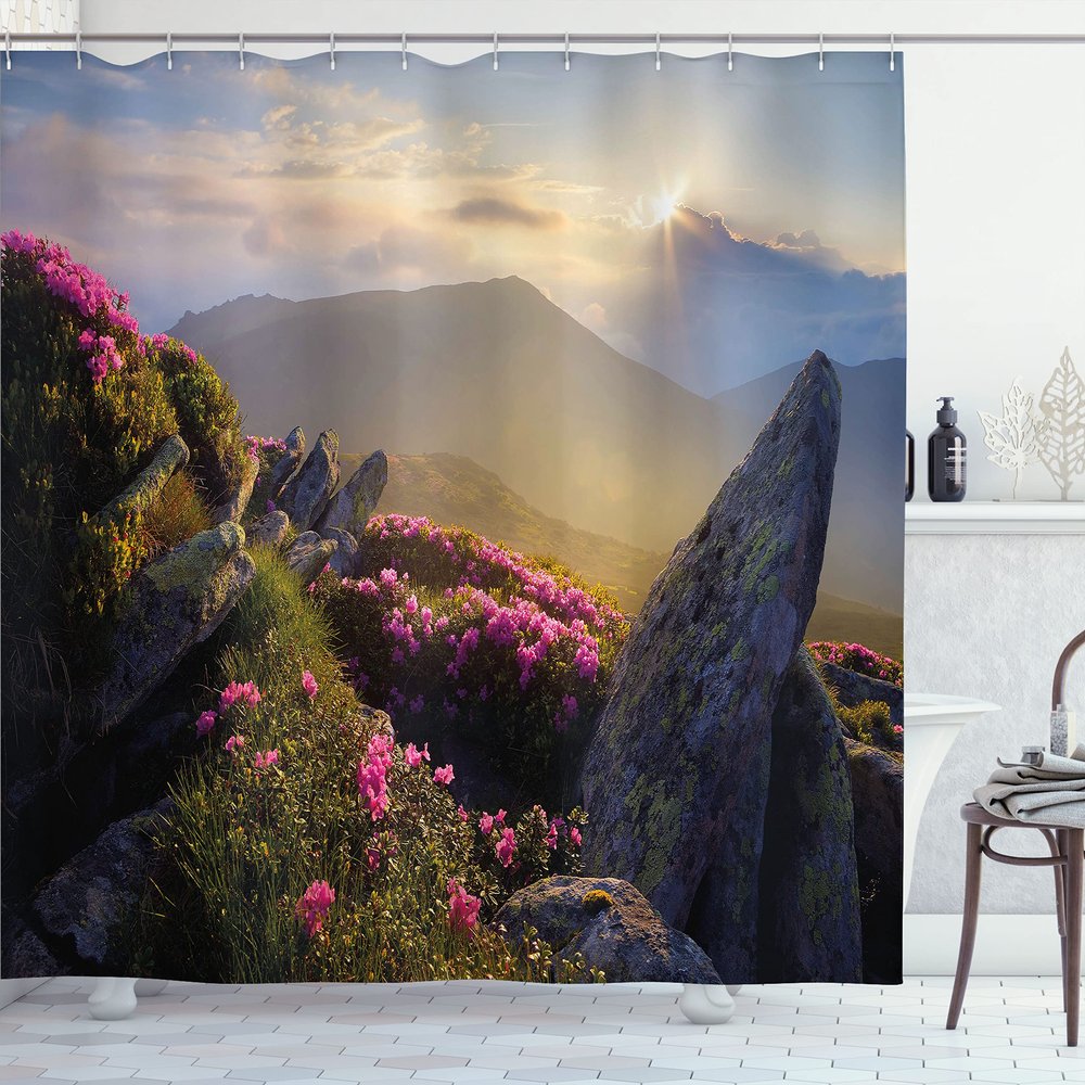 Ambesonne Mountain Shower Curtain, Sunrise in Valley Meadow with Rhododendrons Wildlife Idyllic Rural Scenery, Cloth Fabric Bathroom Decor Set with Hooks, 69" W x 70" L, Yellow Green Pink