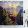 Ambesonne Mountain Shower Curtain, Sunrise in Valley Meadow with Rhododendrons Wildlife Idyllic Rural Scenery, Cloth Fabric Bathroom Decor Set with Hooks, 69" W x 70" L, Yellow Green Pink view 1