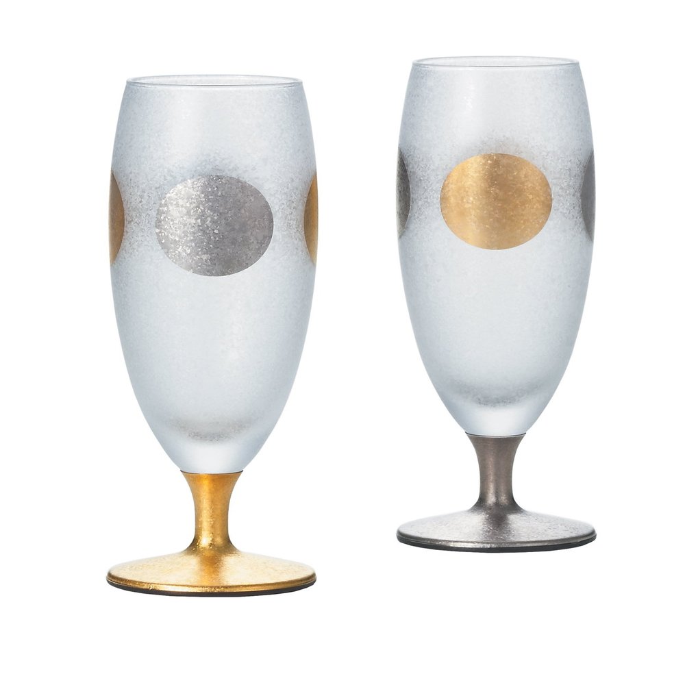 Aderia Japan Traditional Japanese Patterns Sun Moon Gold Silver Tall Glasses Set of 2 Besties Couples Wine Beer Spirits Sake Champagne Cups