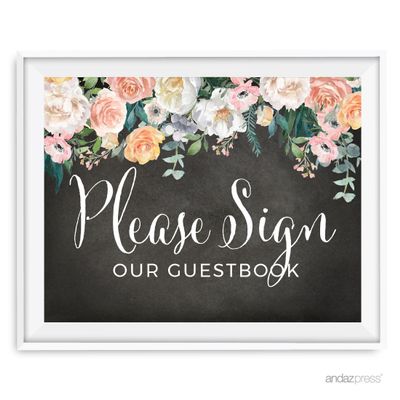 Andaz Press Peach Chalkboard Floral Garden Party Wedding Collection, Party Signs, Please Sign our Guestbook, 8.5x11-inch, 1-Pack