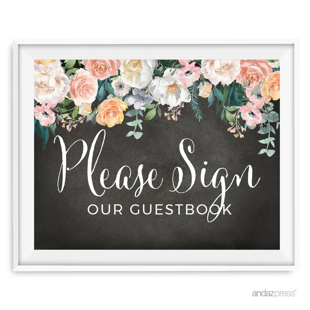 Andaz Press Peach Chalkboard Floral Garden Party Wedding Collection, Party Signs, Please Sign our Guestbook, 8.5x11-inch, 1-Pack