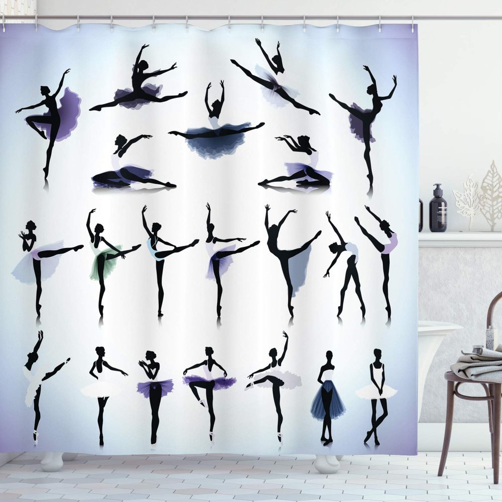 Ambesonne Art Shower Curtain, Female Ballet Dancers Performing Arts Black Silhouettes Illustration Design, Cloth Fabric Bathroom Decor Set with Hooks, 69" W x 84" L, Purple Lavender White