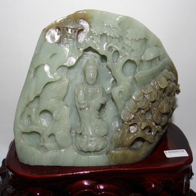 6.1" China Certified Nature Hetian Nephrite Jade Hand Carved Kwan-yin Statues Decoration