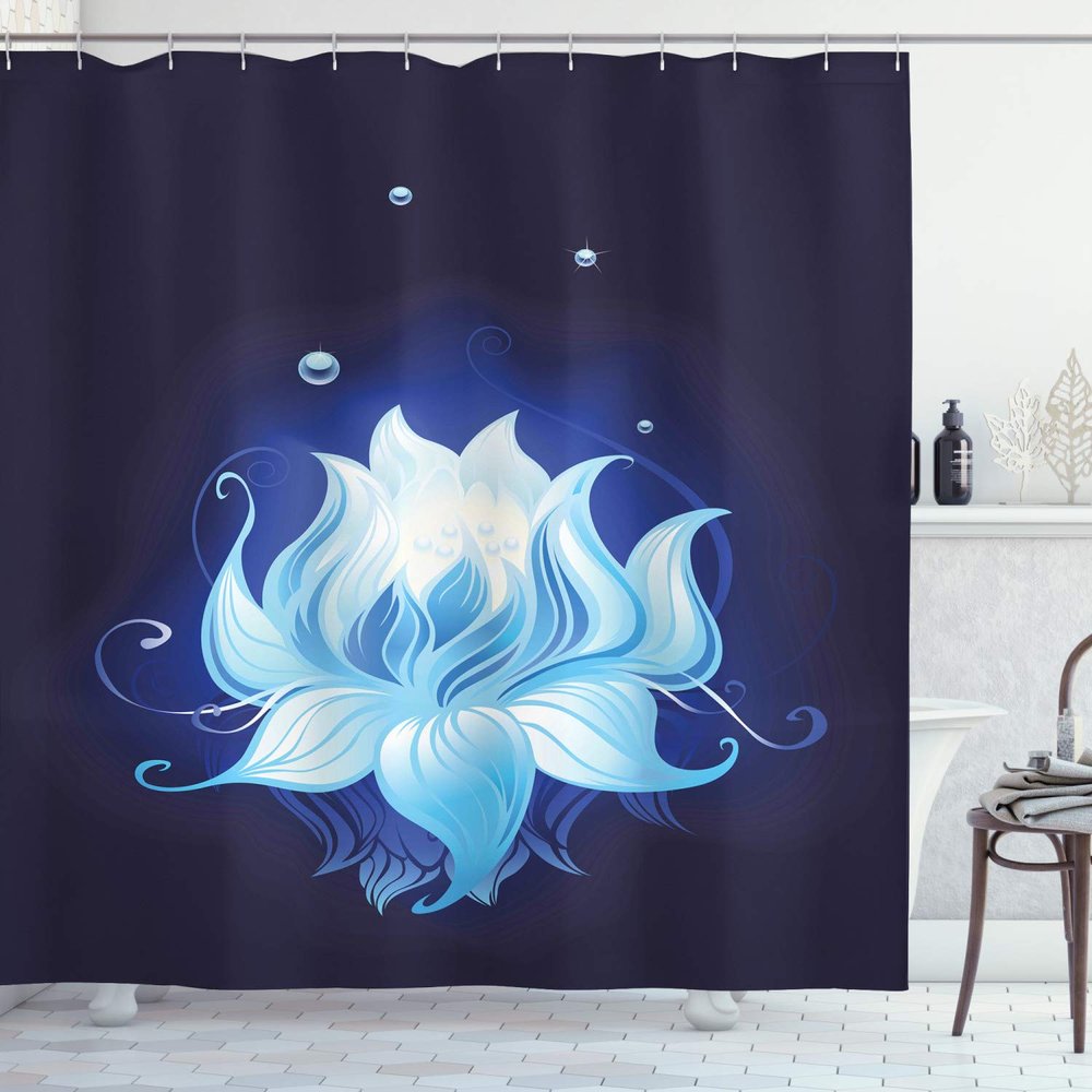 Ambesonne Floral Shower Curtain, Lotus with Dew Drops Reflected in Dark Water Background Yoga Image, Cloth Fabric Bathroom Decor Set with Hooks, 69" W x 84" L, Indigo Sky Blue