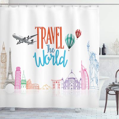 Ambesonne Saying Shower Curtain, Travel The World Lettering Around Globe Landmarks Balloons Work of Art Image, Cloth Fabric Bathroom Decor Set with Hooks, 69" W x 84" L, Multicolor Off White